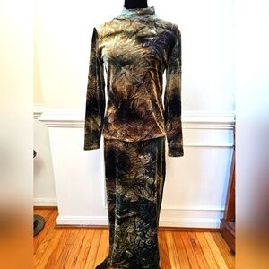 Cache Olive Green and Brown Velvet Skirt Set